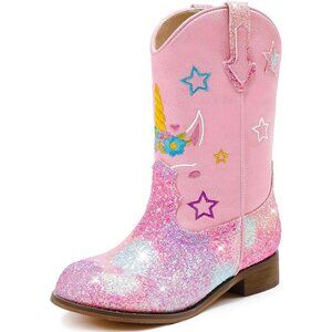 🆕Unicorn Girls Pink Square Toe Glitter Toddler Western Mid Calf Riding Shoes
